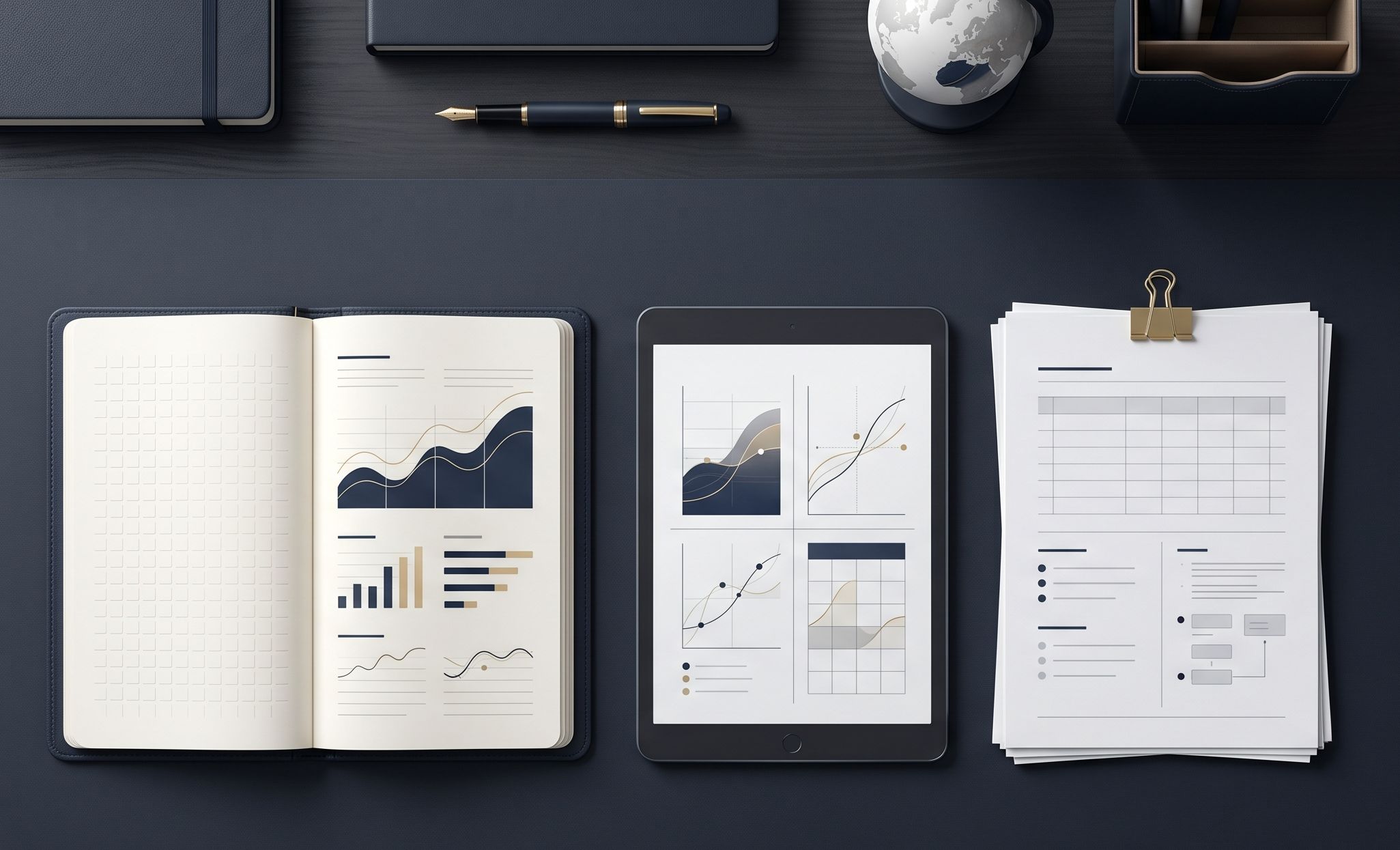 比較・分析・判断のイメージ — デスク俯瞰・ノート・タブレット・資料