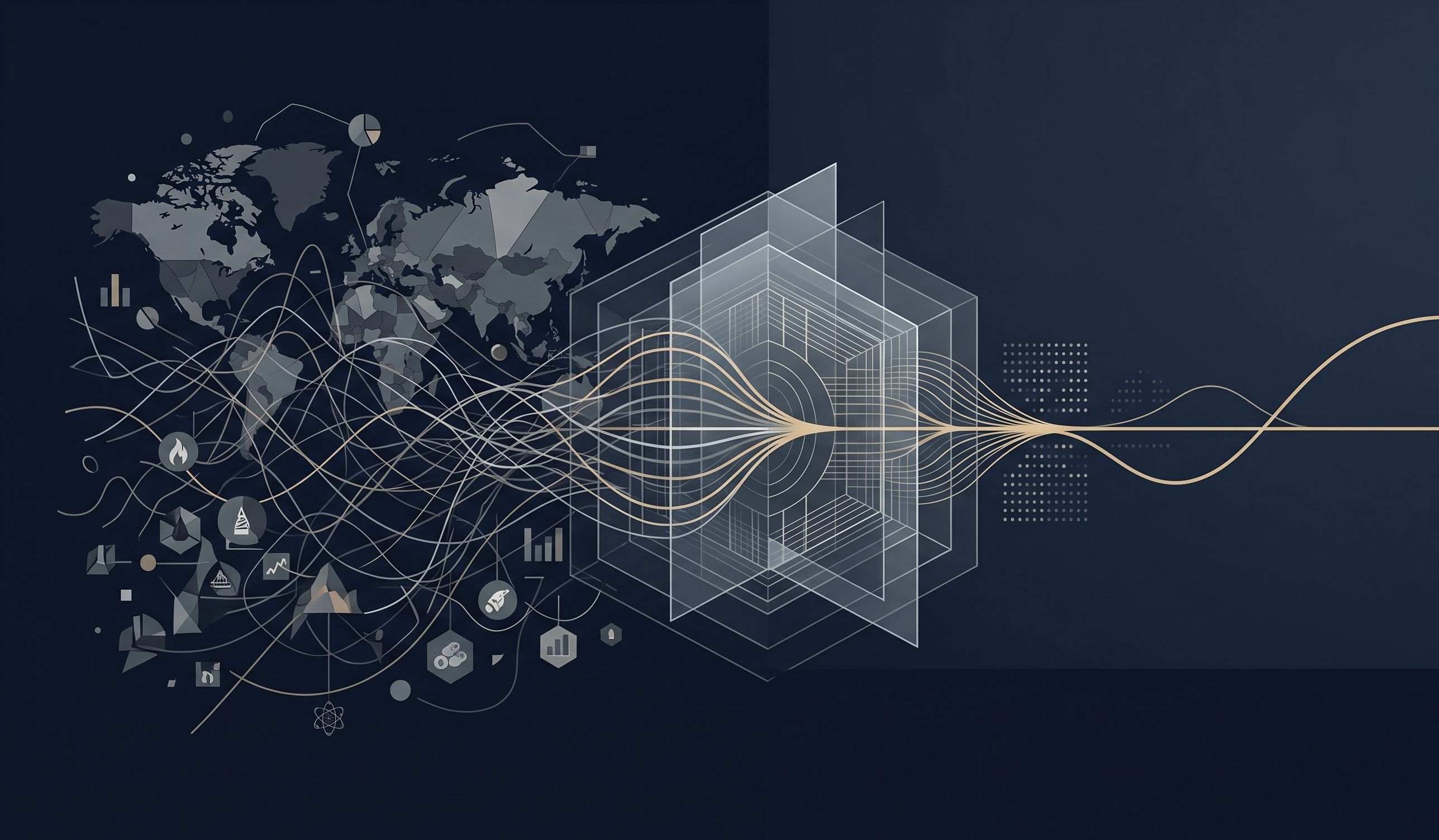 世界情勢から投資判断への情報変換フローのイメージ