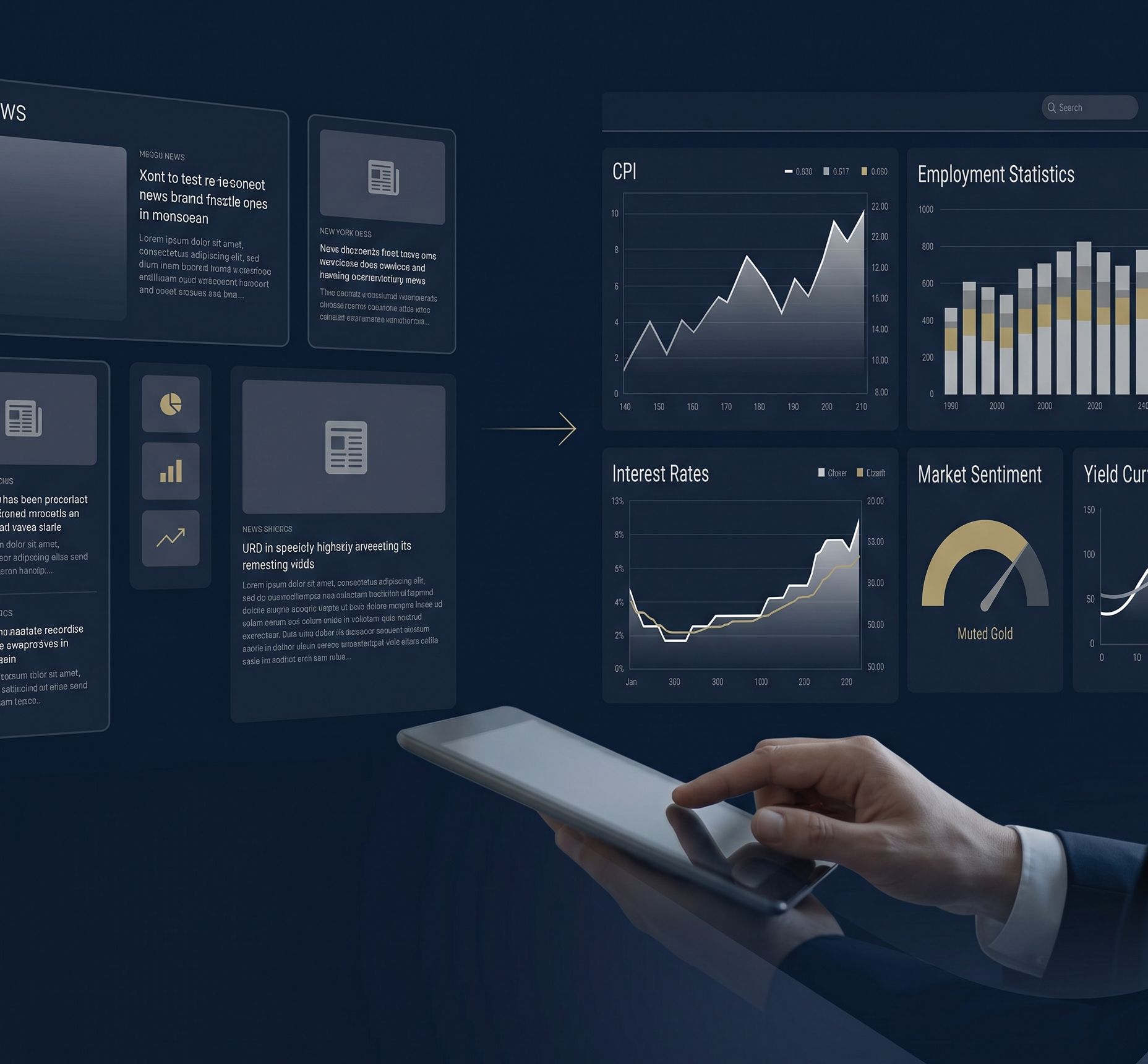 ニュース画面から経済指標ダッシュボードへ視点を移し、一次データで市場を確認するイメージ